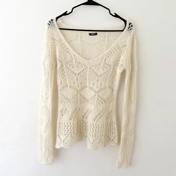 Open Knit Sweater Cream Sheer Lightweight Layering Top M Made In Italy Y2K - Picture 1 of 6